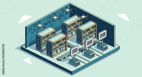 Isometric Smart Warehouse with Automated Inventory Management System.