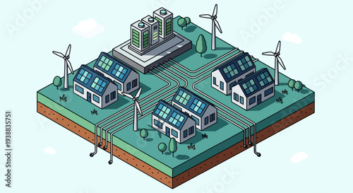 Isometric Smart Grid with Renewable Energy Sources and Residential Buildings.