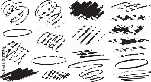 A versatile collection of minimalist hand-drawn vector elements featuring ink brush strokes, charcoal scribbles, rough marker stains, and abstract oval shapes.