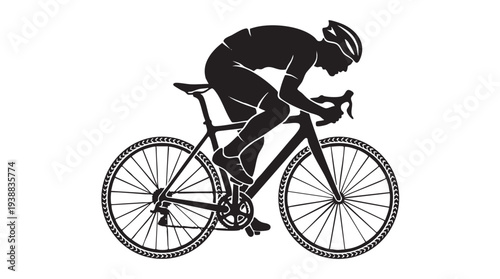 Black silhouette of a male cyclist riding a road bike in an aerodynamic racing position, isolated on a white background.