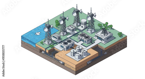 Isometric view of a communication network infrastructure with towers and buildings.