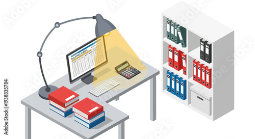 Office Desk with Computer and Filing Cabinet.