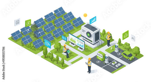 Isometric Solar Energy Farm with Electric Vehicle Charging Station.