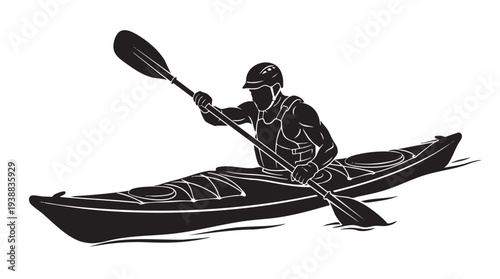 Stylized black and white illustration of a person kayaking on water, actively paddling with a double-bladed oar, wearing a helmet and life vest.