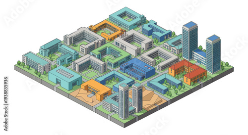 Isometric view of a modern city block with colorful buildings and green spaces.