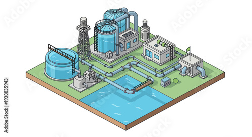 Isometric Water Treatment Plant Illustration with Industrial Infrastructure.