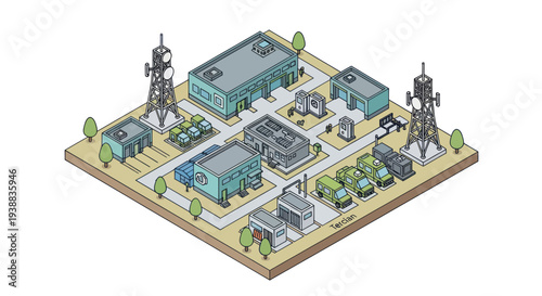 Isometric view of a smart city with various buildings and communication towers.