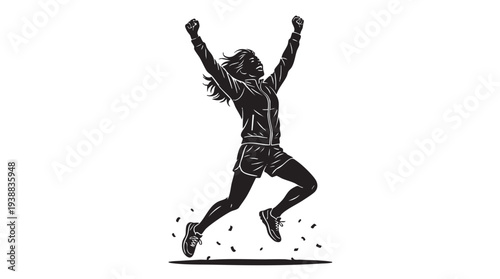 Silhouette of a triumphant woman jumping with arms raised in celebration, wearing athletic clothing, on a white background.