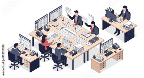 Office Workers at Desks with Computers.