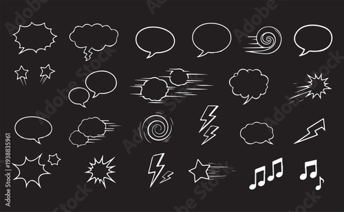 Comic Speech Bubbles and Action Elements White Line Art on Black Background
