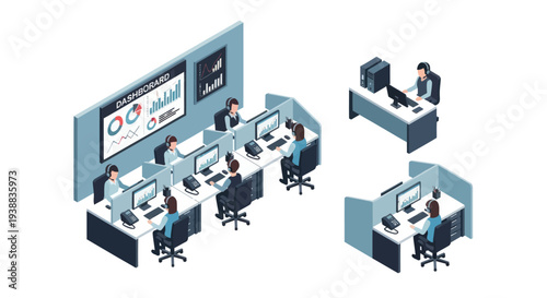 Office Workers at Workstations with Computers.