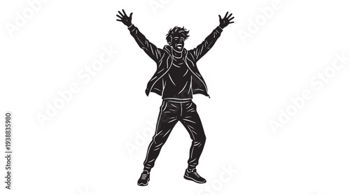 Black and white graphic illustration of a person with arms raised in a triumphant or joyful pose, wearing casual clothes.