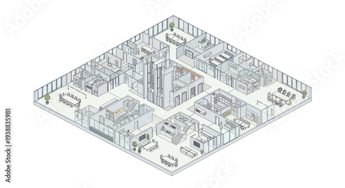 Isometric Wireframe Blueprint of a Modern Building Interior Layout.