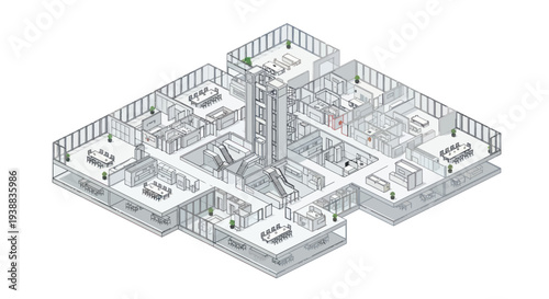 Isometric wireframe drawing of a multi-story building interior layout.