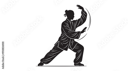 A black silhouette of a person performing Tai Chi or martial arts in a flowing, balanced pose with an arc indicating movement.