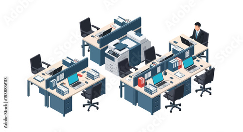 Office Workstations with Computers and Employees.
