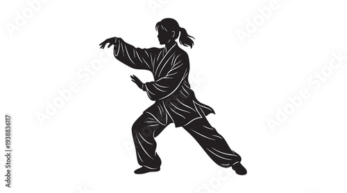 Silhouette of a person performing a graceful martial arts pose, possibly Tai Chi or Kung Fu, in traditional attire.