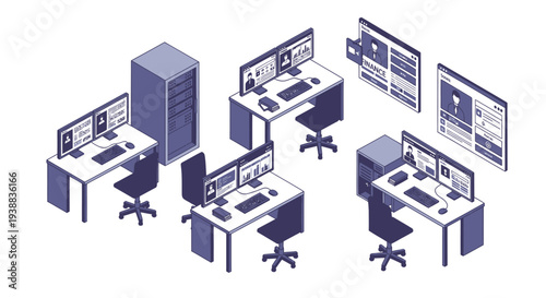 Office Workstations with Computers and Monitors.