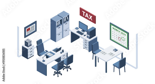 Office Workstations with Computers and Tax Sign.