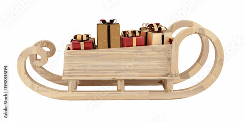 A wooden sleigh overflowing with beautifully wrapped gifts and red ribbons