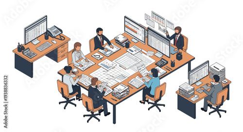 Team Collaborating on Project at Office Desks.