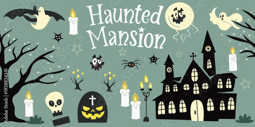 A spooky haunted mansion illustration with ghosts spiders and candles