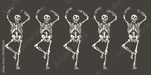 Five white skeletons are depicted in various dancing poses against a dark background