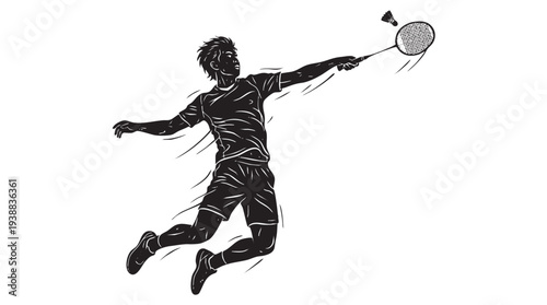 Dynamic silhouette of a male badminton player jumping to hit a shuttlecock with a racket, performing a powerful smash shot.