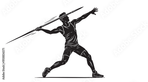 A dynamic black and white silhouette illustration of a male javelin thrower athlete in action, preparing to launch the spear.