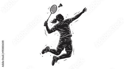 A dynamic black and white illustration of a female badminton player jumping to smash a shuttlecock with her racket.