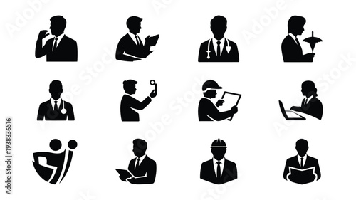 Bundle of professional business silhouettes in black on white background various actions and occupations
