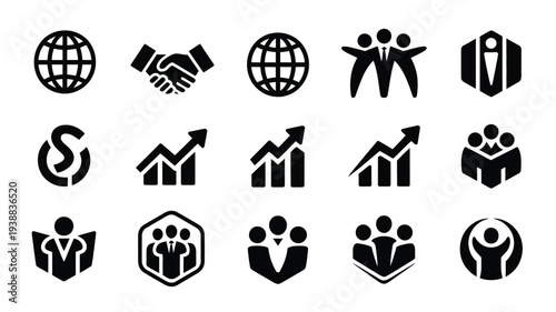 Bundle of global business icons in black silhouette style on white background for corporate and finance concepts