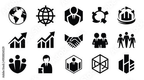 Bundle of global business icons in black silhouette style on white background