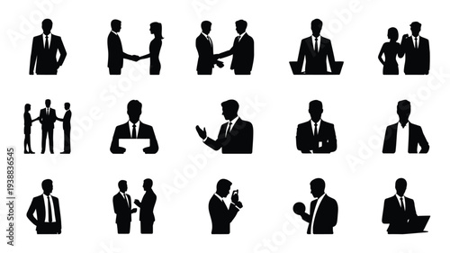 Collection of black silhouettes of business professionals in various poses and interactions on white background