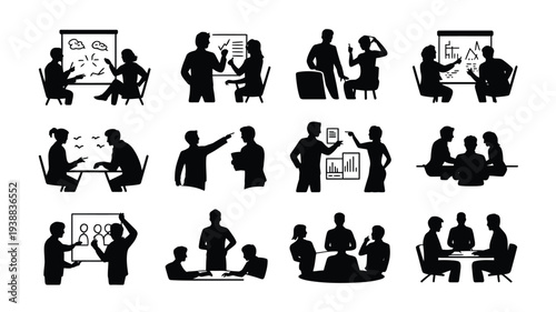 Collection of black silhouettes depicting business professionals in various meeting and presentation settings with white background