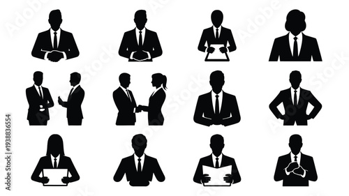Collection of black silhouette icons depicting business professionals in various poses and actions on white background