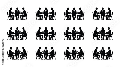 Collection of business professionals meeting in various group settings silhouettes on white background