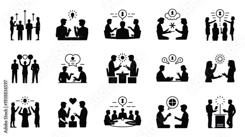 Black silhouettes of business people communicating and collaborating in various office settings with ideas and teamwork concepts