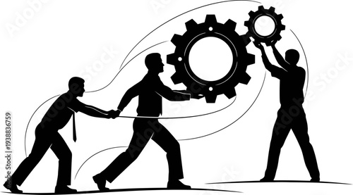 Industrial workers moving mechanical gears for operational synergy