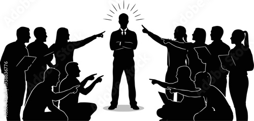 Influential leader standing confidently amidst a pointing crowd