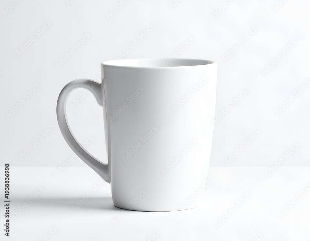 Obraz premium Plain white ceramic mug with handle on a white surface