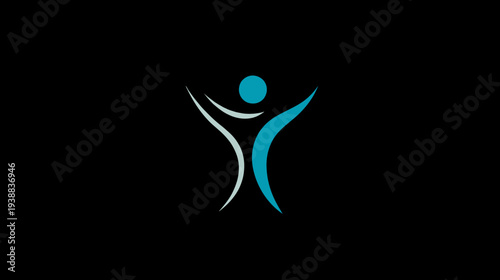 Stylized abstract human figure with outstretched arms in dynamic blue and teal gradient on a black background, symbolizing freedom, success, and vitality.