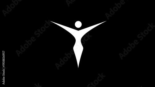 Abstract white stylized human figure with open arms on black background symbolizing freedom, success, well-being, and achievement.