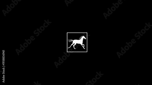 Elegant white horse silhouette trotting in a square frame on a black background. Minimalist graphic design icon.