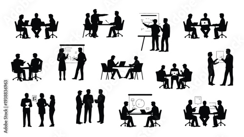 Collection of minimalist black vector silhouettes of businesspeople in various office settings and meeting scenarios