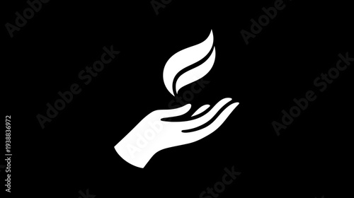Minimalist white hand icon holding an organic leaf or flame element on a black background, symbolizing nature, growth, care, and sustainability.