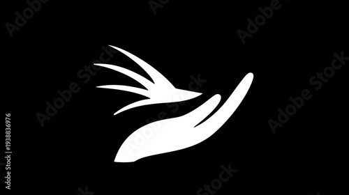 Stylized vector icon: caring hand releasing a bird, representing peace, hope, generosity, and freedom on black.