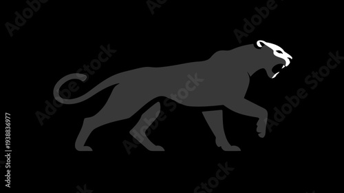 Powerful Black Panther Silhouette Illustration Walking Stealthily. Fierce Big Cat Graphic Design on Dark Background, Predatory Feline Icon.