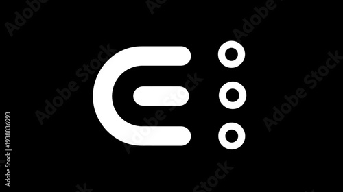 Modern minimalist abstract white letter E with three dots on a black background. Sleek geometric graphic design element or symbol.