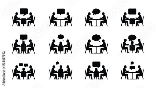 Bundle of workplace silhouettes with people discussing and working at desks in office settings